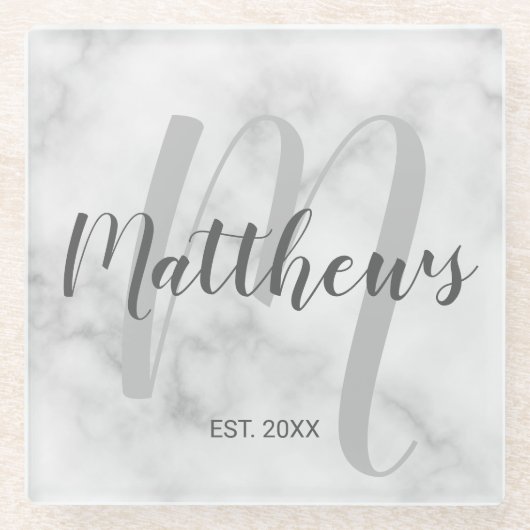 パーソナライズされたモダンScript Monogramとファミリ名 ガラスコースター (正面)