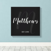 パーソナライズされたモダンScript Monogramとファミリ名 キャンバスプリント (インサイチュ (ウッドフロア))