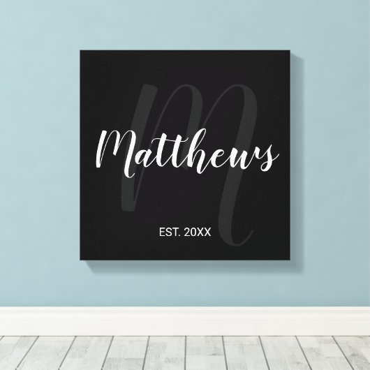 パーソナライズされたモダンScript Monogramとファミリ名 キャンバスプリント (インサイチュ (ウッドフロア))