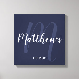 パーソナライズされたモダンScript Monogramとファミリ名 キャンバスプリント