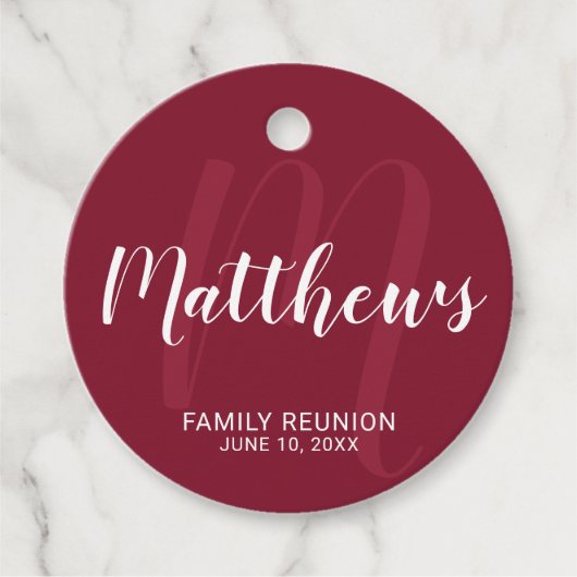 パーソナライズされたモダンScript Monogramとファミリ名 フェイバータグ (正面)