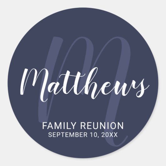 パーソナライズされたモダンScript Monogramとファミリ名 ラウンドシール (正面)