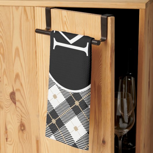 パーソナライズされたモノグラムの白黒金ゴールド キッチンタオル (三つ折り)