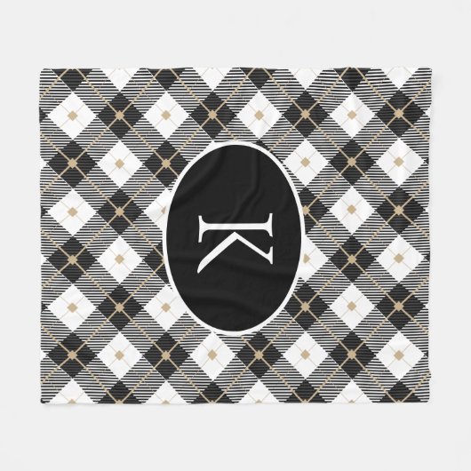 パーソナライズされたモノグラムの白黒金ゴールド フリースブランケット (正面(横))