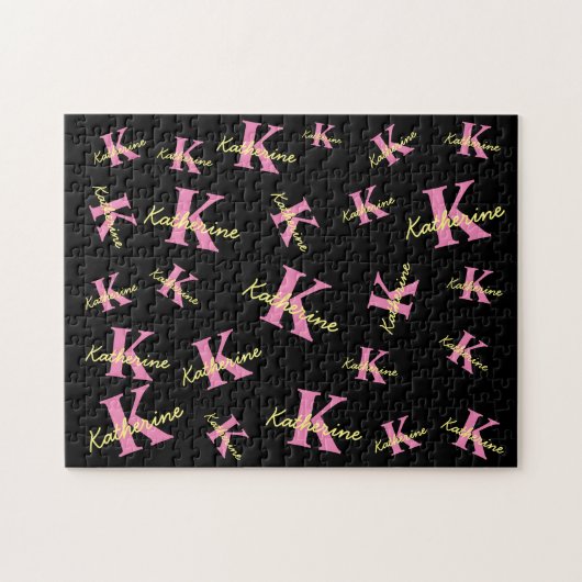 パーソナライズされたモノグラムの黒モダン ジグソーパズル (横)