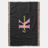 パーソナライズされたモノグラムの黒モダン スローブランケット (正面縦)