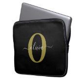 パーソナライズされたモノグラムスクリプト名 ブラック ホワイト ゴールド ラップトップスリーブ (正面左)