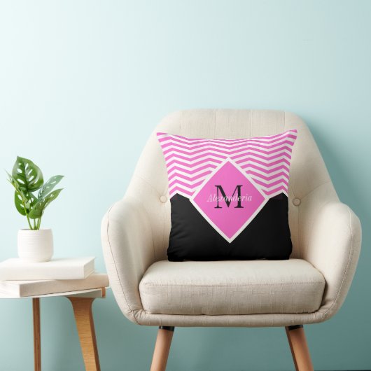 パーソナライズされたモノグラムピンクの白いシェブロン投げピル クッション (椅子)