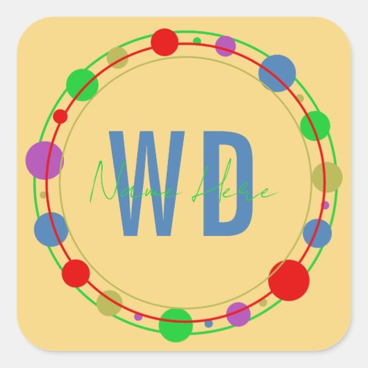 パーソナライズされたモノグラム名カラフル円黄色 スクエアシール (正面)