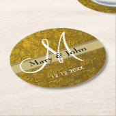 パーソナライズされたモノグ結婚ラム金ゴールドパターン ラウンドペーパーコースター (アングル)
