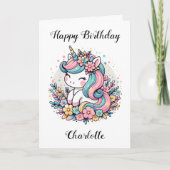 パーソナライズされたユニコーンとフラワーガールズ誕生日 カード (正面)