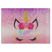 パーソナライズされたユニコーングラデーショングリッターガラス切断 カッティングボード (正面)