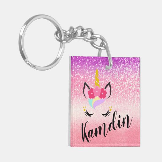 パーソナライズされたユニコーングラデーショングリッターキーチェーン キーホルダー (正面左)