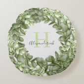 パーソナライズされたユーカリ緑リース ラウンドクッション (正面)