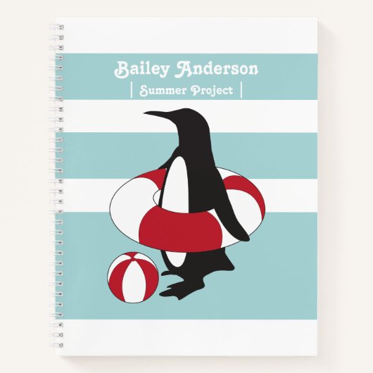 パーソナライズされたライトブルーの可愛いペンギン水泳キッズ ノートブック (正面)