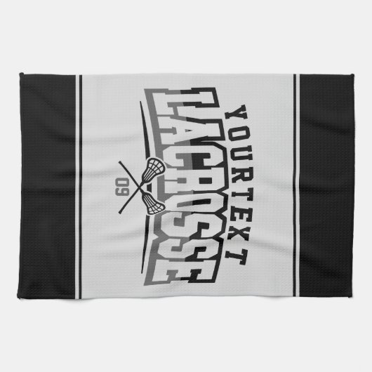 パーソナライズされたラクロスプレイヤー名の追加チーム番号 キッチンタオル (横)