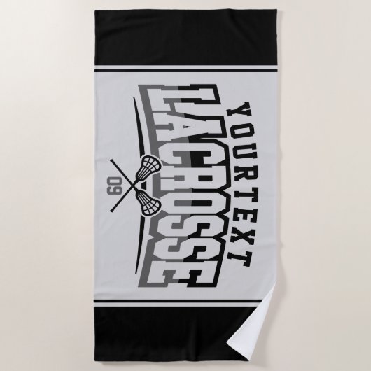 パーソナライズされたラクロスプレイヤー名の追加チーム番号 ビーチタオル (正面)