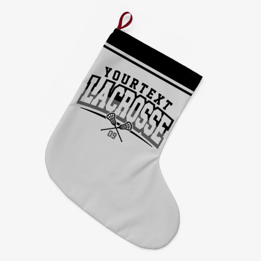 パーソナライズされたラクロスプレイヤー名の追加チーム番号 ラージクリスマスストッキング (正面 (吊り時))