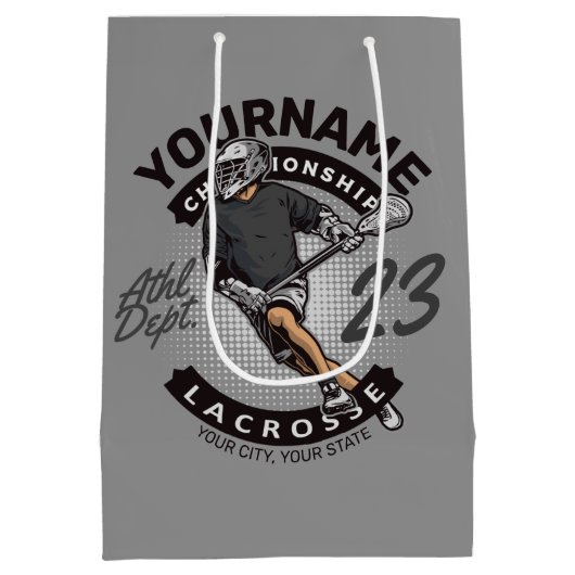 パーソナライズされたラクロス選手のスポーツチーム攻撃  ミディアムペーパーバッグ (裏面)