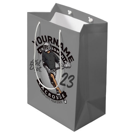 パーソナライズされたラクロス選手のスポーツチーム攻撃  ミディアムペーパーバッグ (裏面アングル)