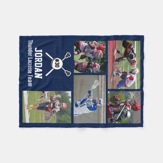 パーソナライズされたラクロス5フォトコラージュ名チーム# フリースブランケット (正面(横))