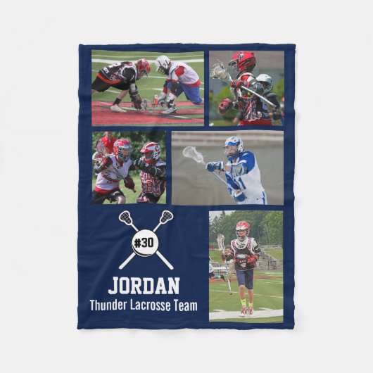 パーソナライズされたラクロス5フォトコラージュ名チーム# フリースブランケット (正面)