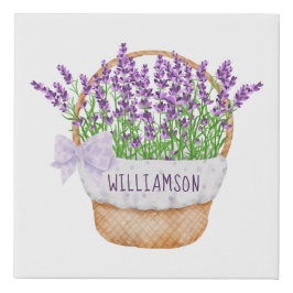 パーソナライズされたラベンダーフローラ紫色の緑のバスケット フェイクキャンバスプリント
