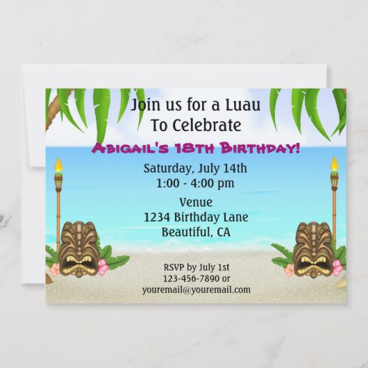 パーソナライズされたルアウ（ハワイ式宴会）誕生日招待状 招待状 (裏面)