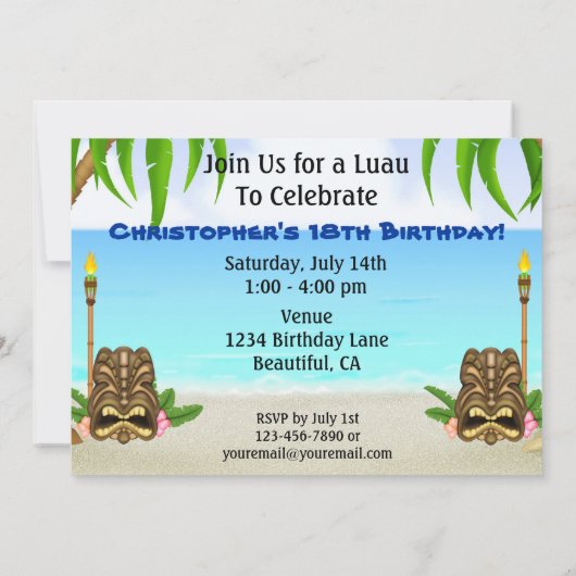 パーソナライズされたルアウ(ハワイ式宴会)誕生日招待状 招待状 (裏面)