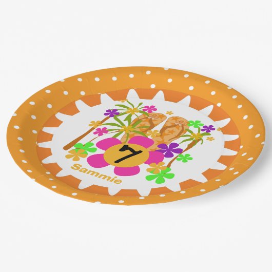 パーソナライズされたルアウ（ハワイ式宴会）7番目の誕生日紙プレート ペーパープレート (アングル)