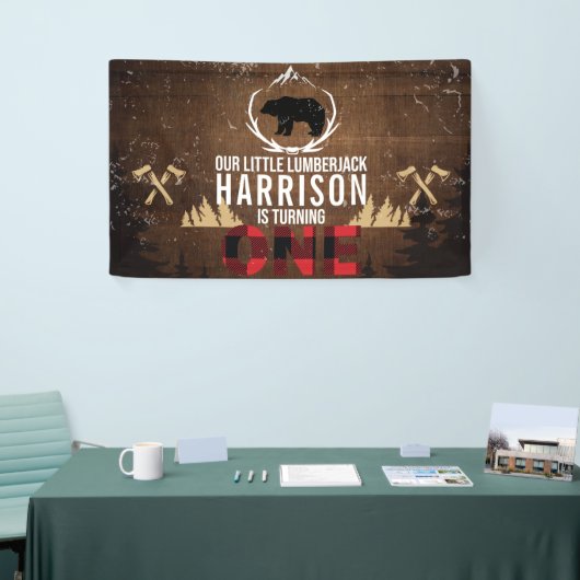 パーソナライズされたルンバージャックファースト誕生日 横断幕 (トレードショー)