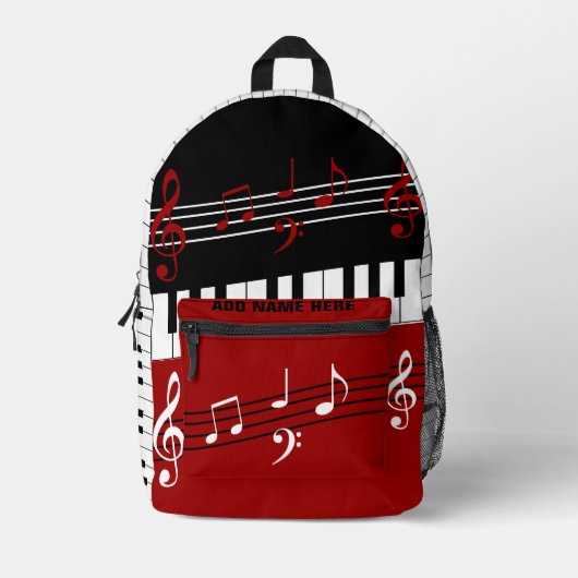 パーソナライズされたレッド白黒ピアノ鍵とノート プリントバックパック (正面)