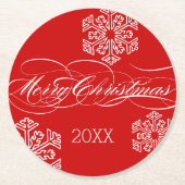パーソナライズされたレッド・スノーフレーク・メリークリスマス ラウンドペーパーコースター (正面)