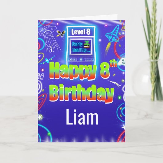 パーソナライズされたレトロアーケード第8誕生日 カード (正面)