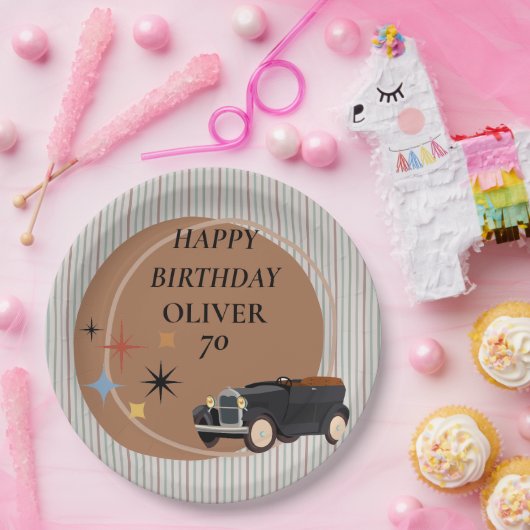 パーソナライズされたレトロカーバースデーパーティー紙プレート ペーパープレート (パーティー)