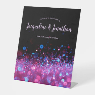 パーソナライズされたレトロネオンピンクブラックグリッター結婚ズ 台座サイン