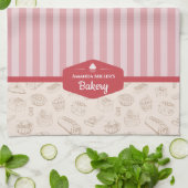 パーソナライズされたレトロピンクストライプベーカリーキッチントウ キッチンタオル (折り畳み)