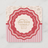 パーソナライズされたレトロピンクストライプベーカリーロゴ スクエア名刺 (正面)
