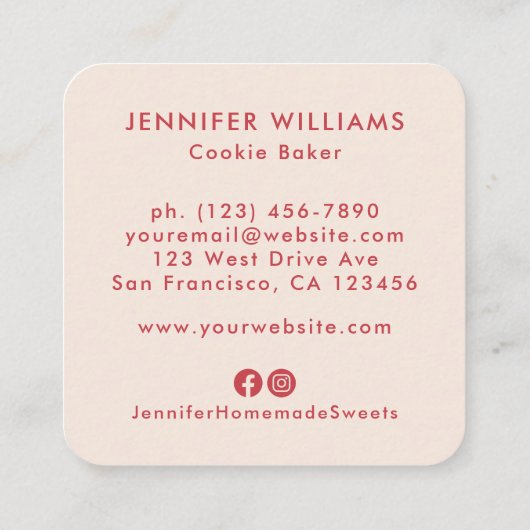 パーソナライズされたレトロピンクストライプベーカリーロゴ スクエア名刺 (裏面)