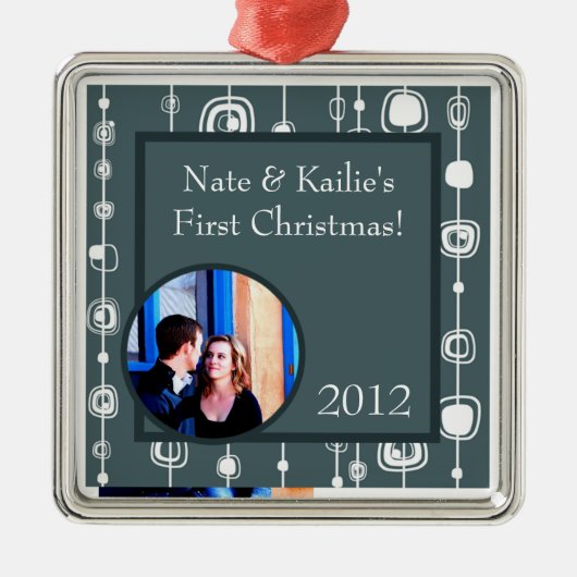 パーソナライズされたレトロブルースクウェアクリスマスオーナメント メタルオーナメント (正面)