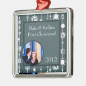 パーソナライズされたレトロブルースクウェアクリスマスオーナメント メタルオーナメント (左)