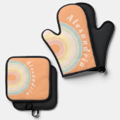 パーソナライズされたレトロレインボーパステル 鍋つかみ&鍋敷きセット (正面/裏面)