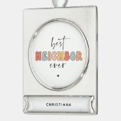 パーソナライズされたレトロ最高のの隣人が今まで可愛い シルバープレートバナーオーナメント (左)