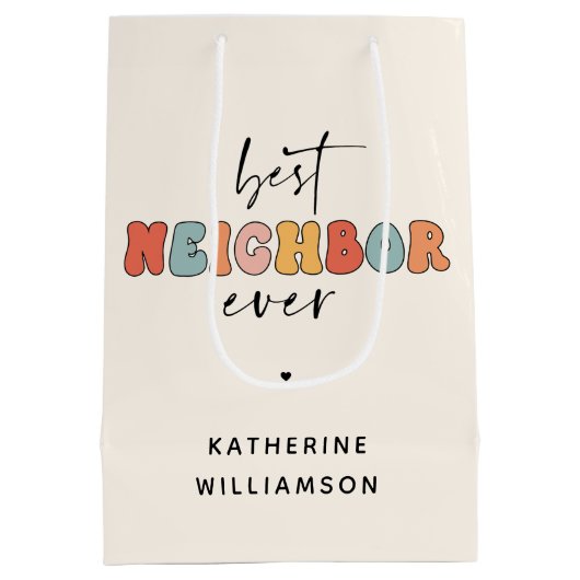 パーソナライズされたレトロ最高のの隣人が今まで可愛い ミディアムペーパーバッグ (裏面)