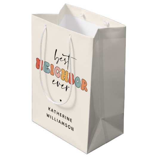 パーソナライズされたレトロ最高のの隣人が今まで可愛い ミディアムペーパーバッグ (裏面アングル)