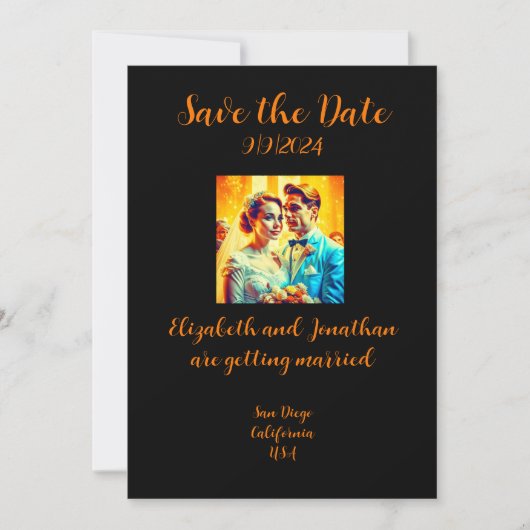 パーソナライズされたレトロ風の結婚式「Save the Date」カード セーブザデート (正面)