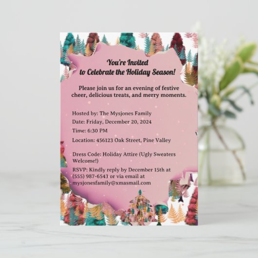 パーソナライズされたレトロ ミニマル カラーのツリー 招待状 (スタンド正面)