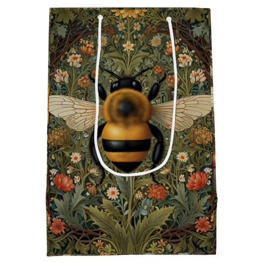パーソナライズされたレトロ(昆虫)マルハナバチボホ植物学フローラ ミディアムペーパーバッグ (裏面)
