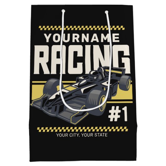 パーソナライズされたレーシングチームの高速レーシングカードライバー ミディアムペーパーバッグ (裏面)