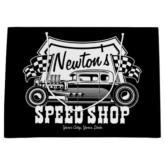 パーソナライズされたレーシングホットロッドスピードショップガレージ ラージペーパーバッグ (正面)